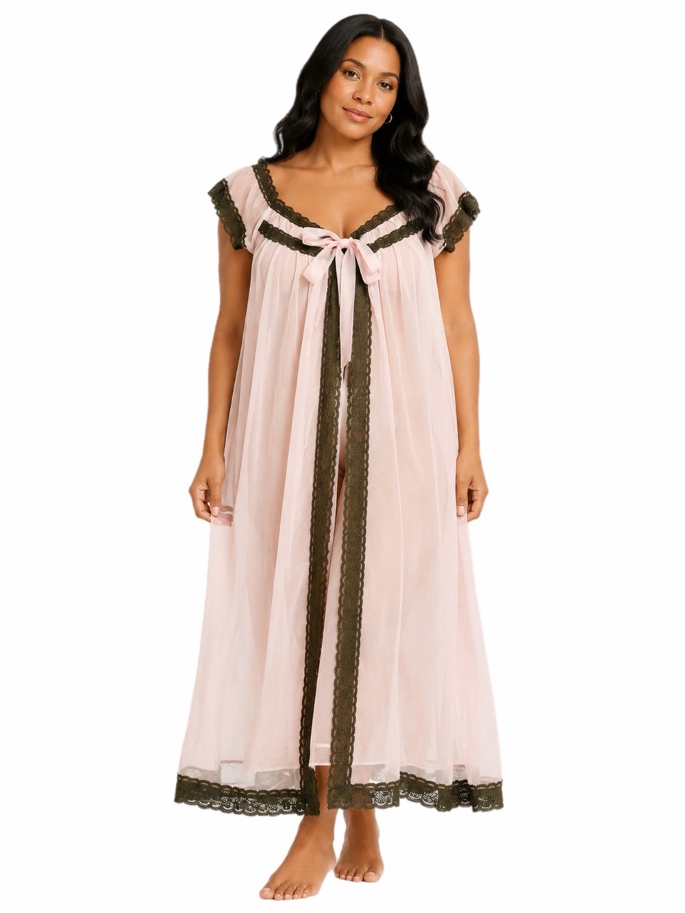 60s/70s European Vintage Sheer Layered Lace Tie Babydoll Maxi Robe Pink/Olive